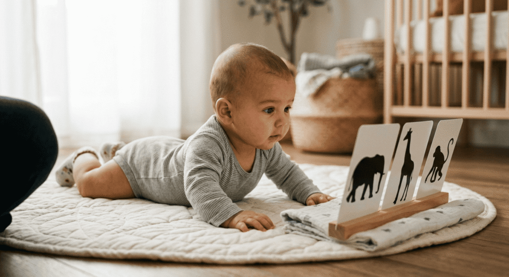 Two-month-old baby lifting head during tummy time to look at propped high-contrast flashcards. best high-contrast toys for newborns