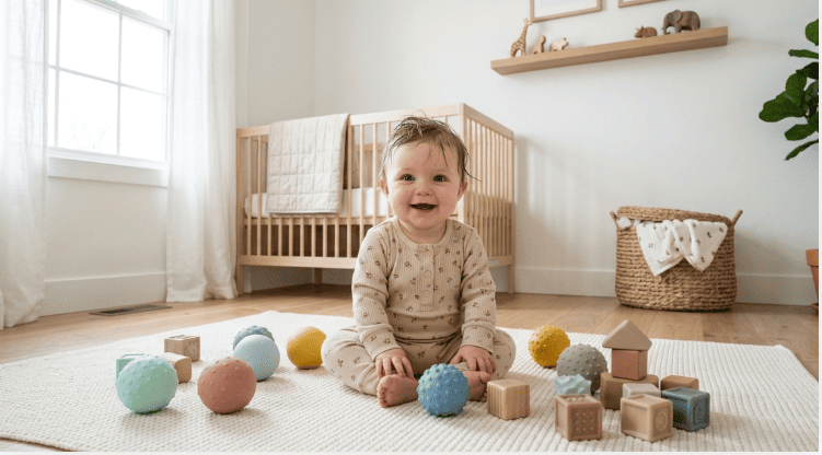 A happy baby sitting on a play mat surrounded by colorful textured sensory balls and soft building blocks in a nursery.Best sensory balls and blocks safe texture toys