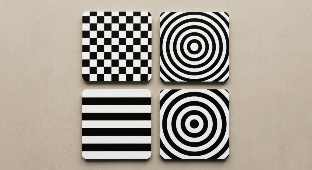 Four high-contrast black and white cards featuring geometric patterns for baby eye development. best high-contrast toys for newborns