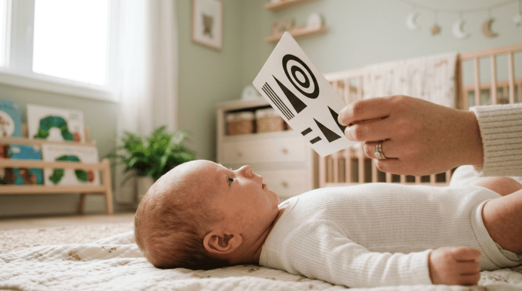 Side view showing a parent holding a high-contrast flashcard 8 to 12 inches away from a baby's face. how to use visual flashcards