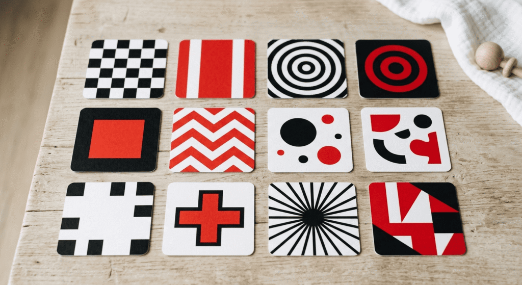 Developmental flashcards featuring black, white, and red contrast patterns for 3-month-old babies. best high-contrast toys for newborns