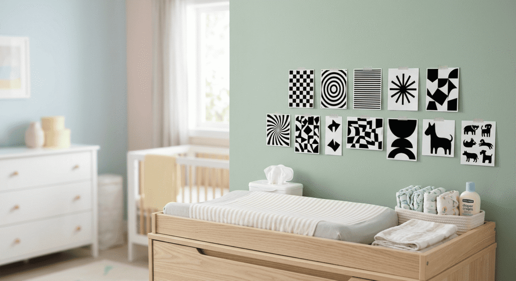 Black and white developmental flashcards mounted on a wall beside a diaper changing table. best high-contrast toys for newborns