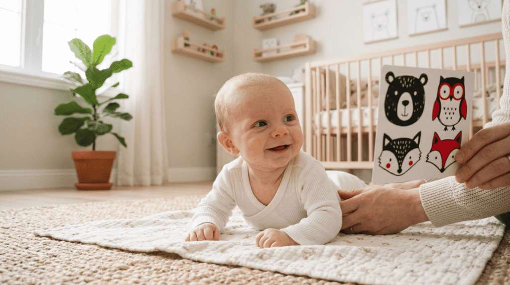 A 3-month-old baby happily looking at a high-contrast flashcard featuring black, white, and red animal shapes. how to use visual flashcards