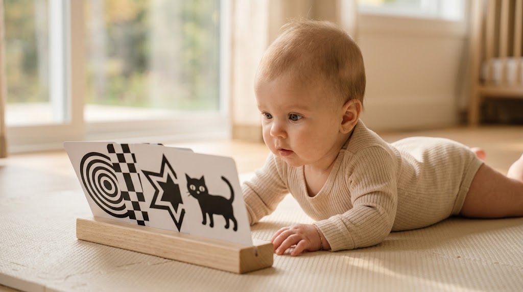 infant focusing on black and white high contrast patterns during tummy time