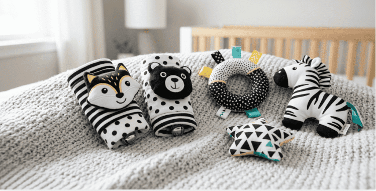 Black and white high-contrast wrist rattles, animal plushies, and soft star toys arranged on a gray knitted blanket. Sensory Play for 3-Month-Olds