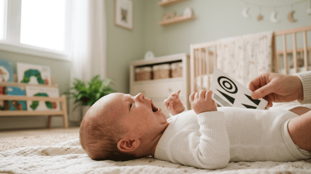 A baby slowly moving their eyes and head horizontally to follow a high-contrast card moved by a parent. how to use visual flashcards