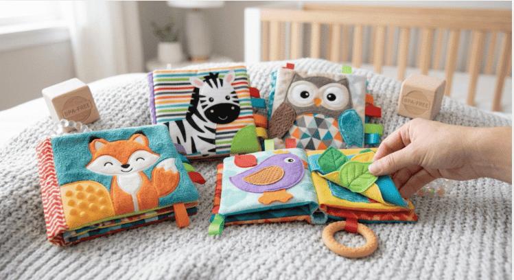 Four colorful soft cloth sensory books featuring woodland animals like a fox, zebra, owl, and bird with crinkle pages. Sensory Play for 3-Month-Olds