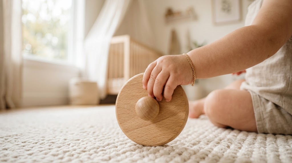 toddler using three finger grasp on a geometric single shape puzzle