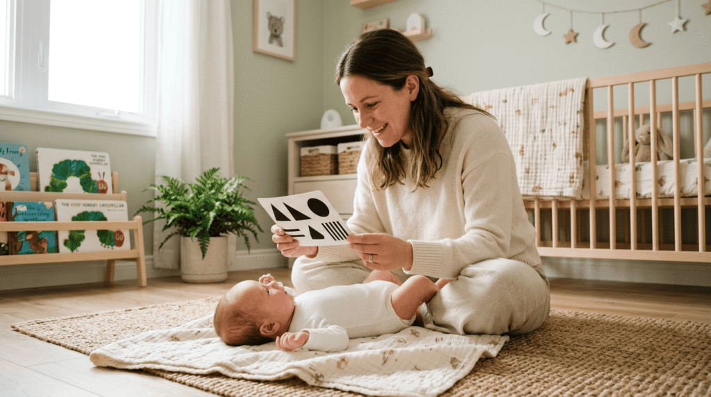 A mother gently holding a high-contrast black-and-white flashcard in front of her newborn baby lying comfortably on a soft mat. how to use visual flashcards