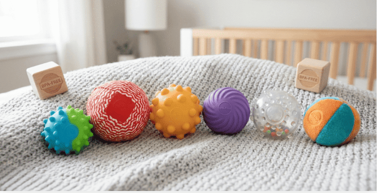 Six colorful sensory balls with bumpy, smooth, swirl, and clear bead-filled textures lined up on a soft blanket. Sensory Play for 3-Month-Olds