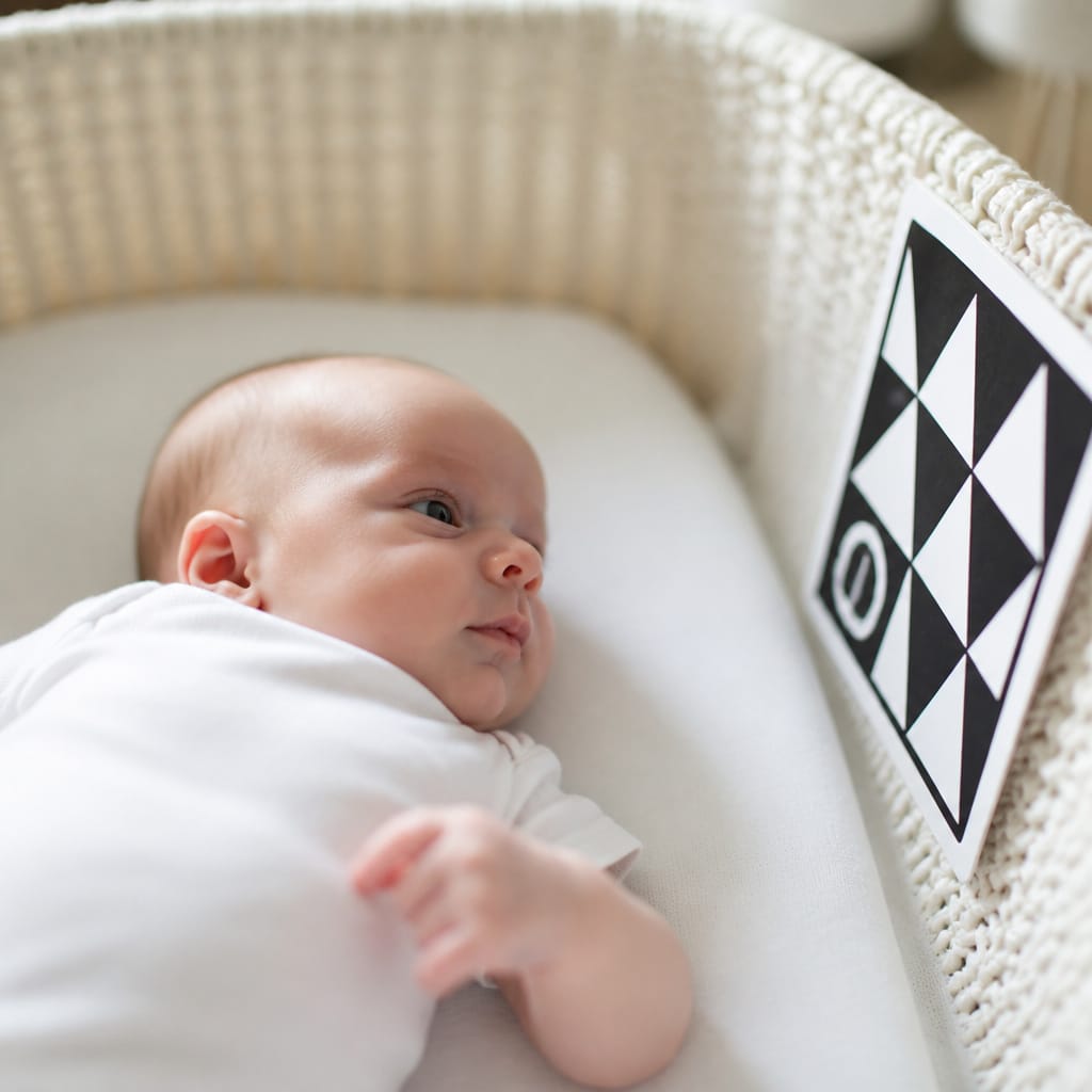 Newborn baby looking at high contrast black and white flashcards