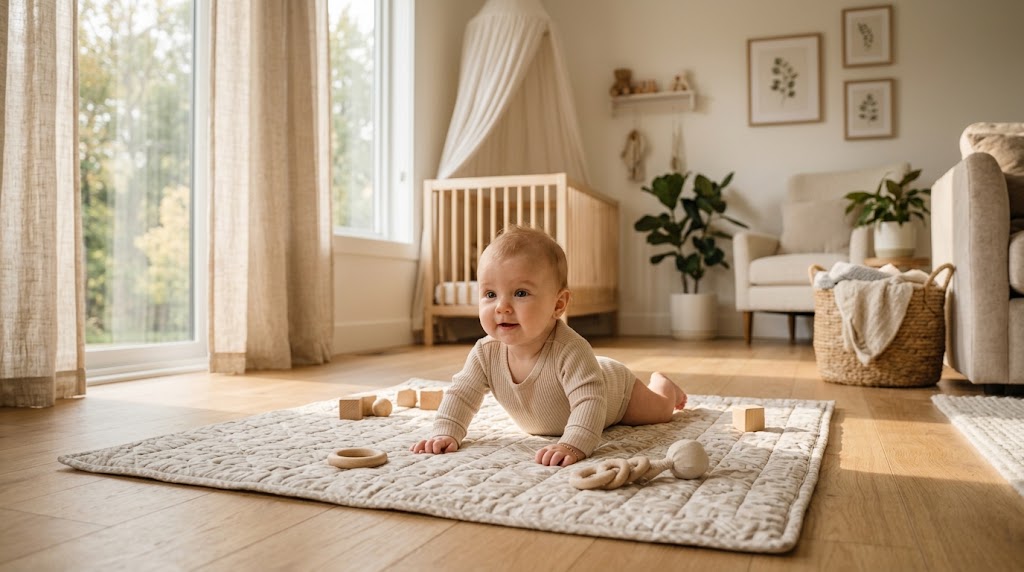 newborn baby building core strength during tummy time on a play mat