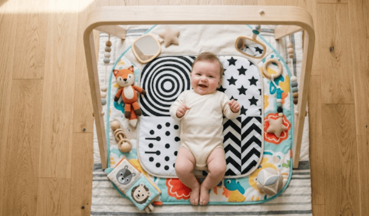 Top-down shot of a happy baby smiling on a high-contrast black and white activity mat under a wooden play gym arch. best baby gyms
