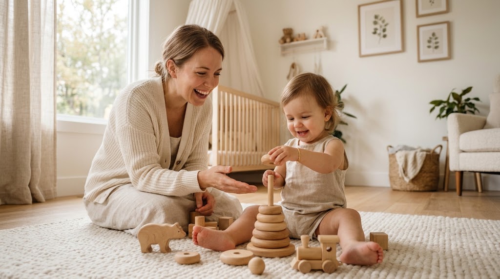 parent watching child play with montessori toys for 1-year-olds Title: Parental Guidance During Montessori Play