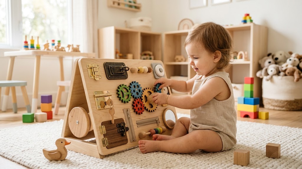 toddler exploring latches and switches on a montessori busy board