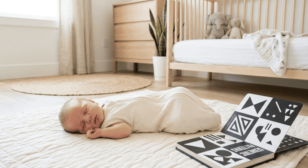 A newborn baby looking at a black and white high-contrast board book on a play mat.Best high-contrast toys for newborns