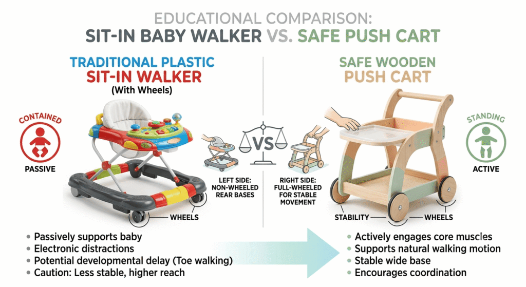 Traditional sit-in baby walker beside a wooden push toy