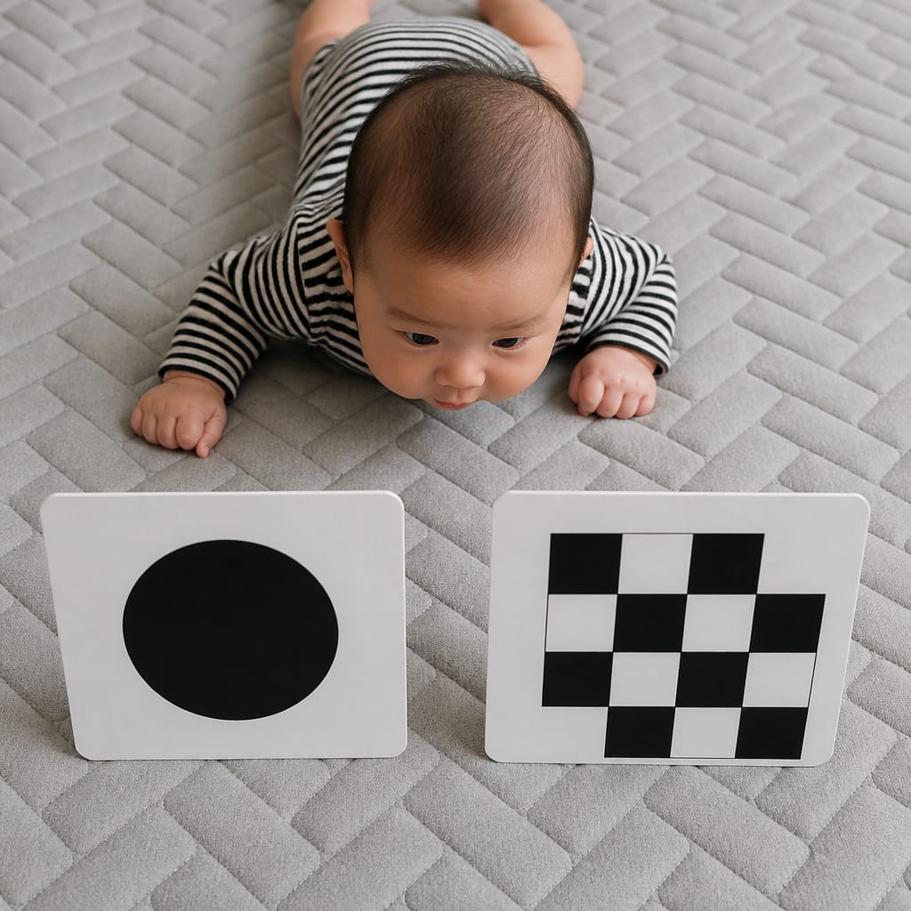 Newborn baby looking at high contrast black and white flashcards