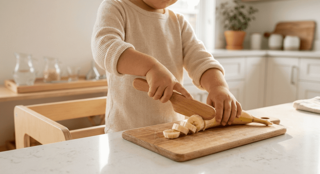 Toddler using a child-safe wooden knife to slice a banana independently.