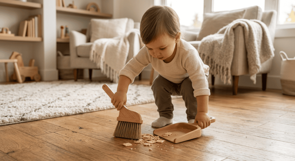 Young child sweeping the floor with a mini broom and dustpan set.