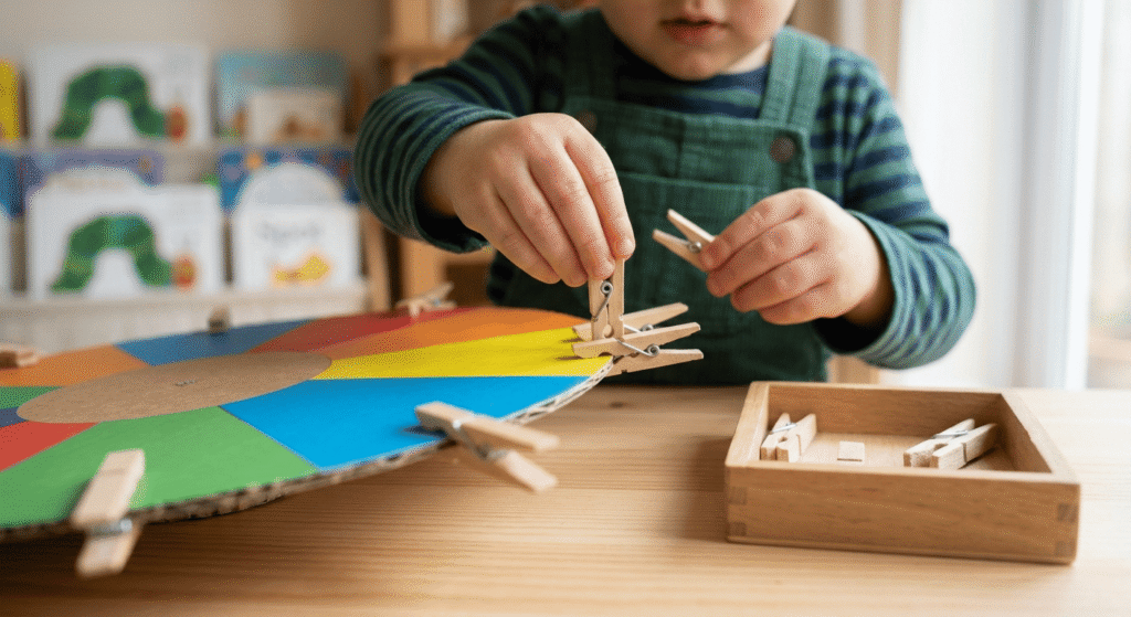Toddler placing wooden clothespins on cardboard for hand strength
