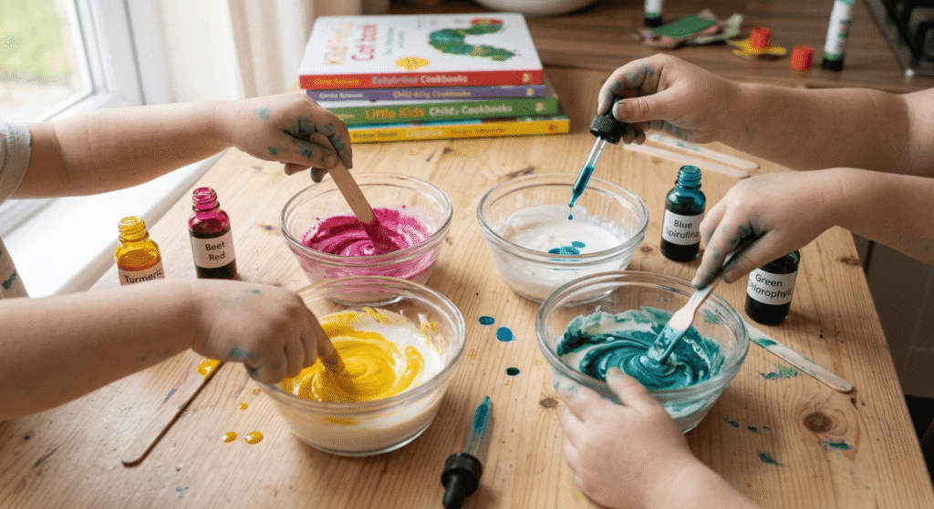 Bowls of homemade non-toxic edible finger paint made with natural ingredients