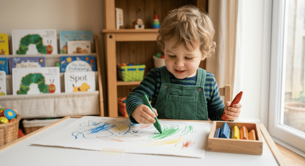 Preschool child holding a thick crayon with a tripod grip while drawing