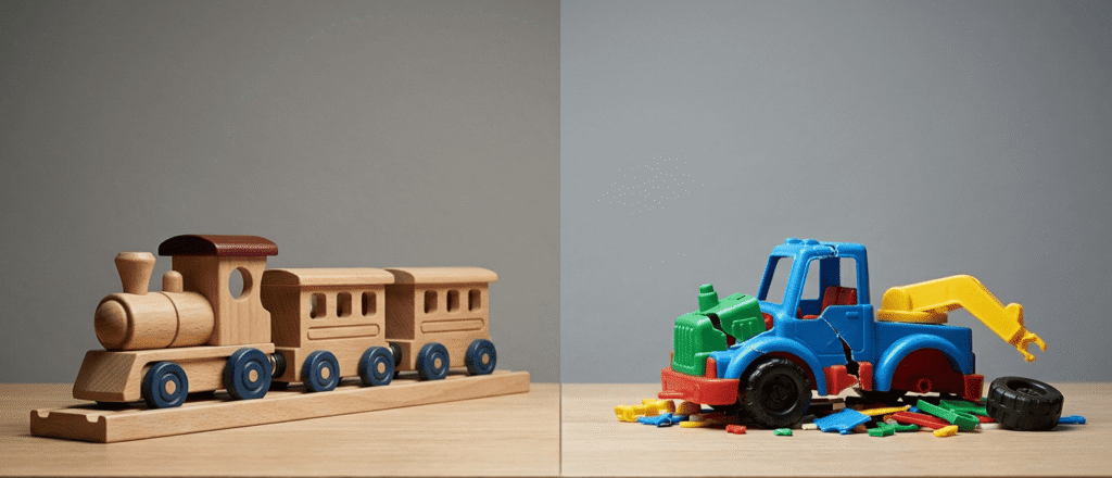 Comparison of durable eco-friendly wooden toy train vs disposable plastic toy
