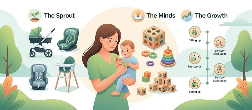 A premium vector illustration for Early Child Development and Conscious Parenting, featuring a loving mother holding her baby in the center surrounded by three developmental pillars: baby gear (The Sprout), wooden Montessori toys (The Minds), and a milestone timeline (The Growth), in warm pastel colors with thesproutminds.com logo.