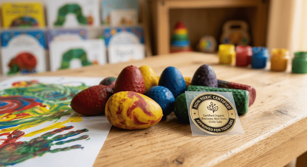 Close-up of natural beeswax crayons designed safely for toddler hands