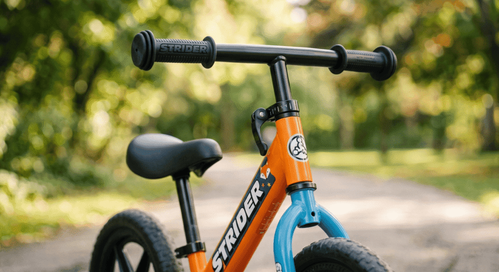 Close-up of modern balance bike features including adjustable seat and durable tires