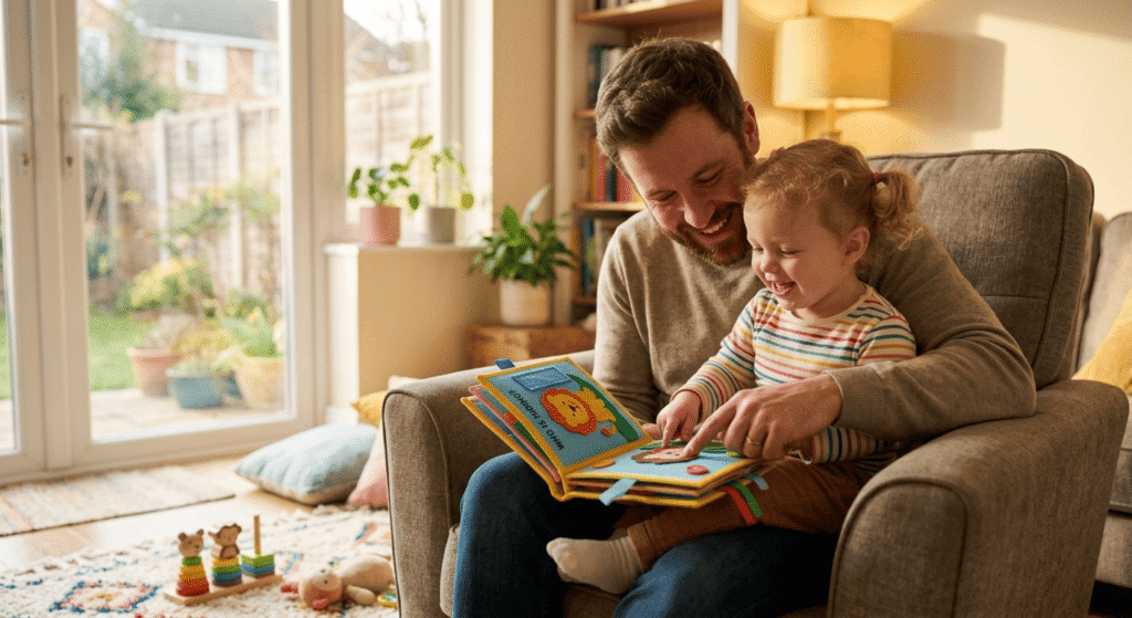 Father and toddler reading an interactive sound storybook together on an armchair
