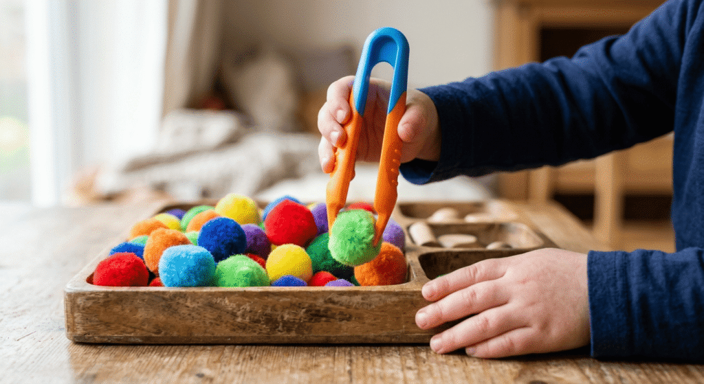 3-year-old child using giant tweezers to pick up pom-poms for fine motor practice.Fine Motor Skill Toys for 3-Year-Olds