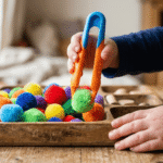 3-year-old child using giant tweezers to pick up pom-poms for fine motor practice.Fine Motor Skill Toys for 3-Year-Olds