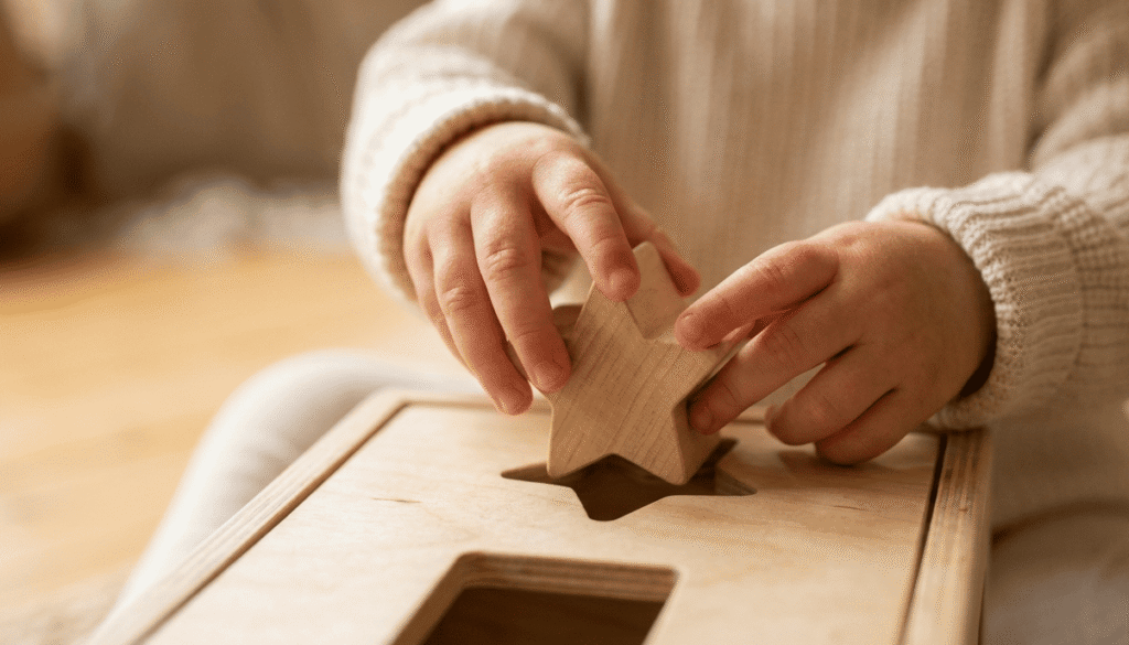 Close up of toddler hands placing a wooden star block into a shape sorter