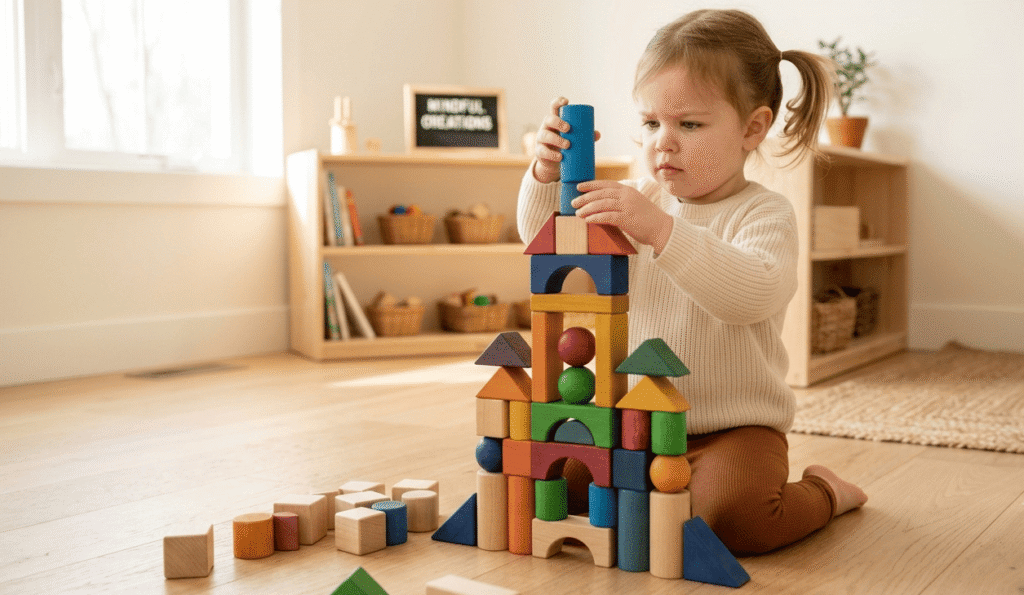Young girl developing problem-solving skills with wooden toy construction blocks