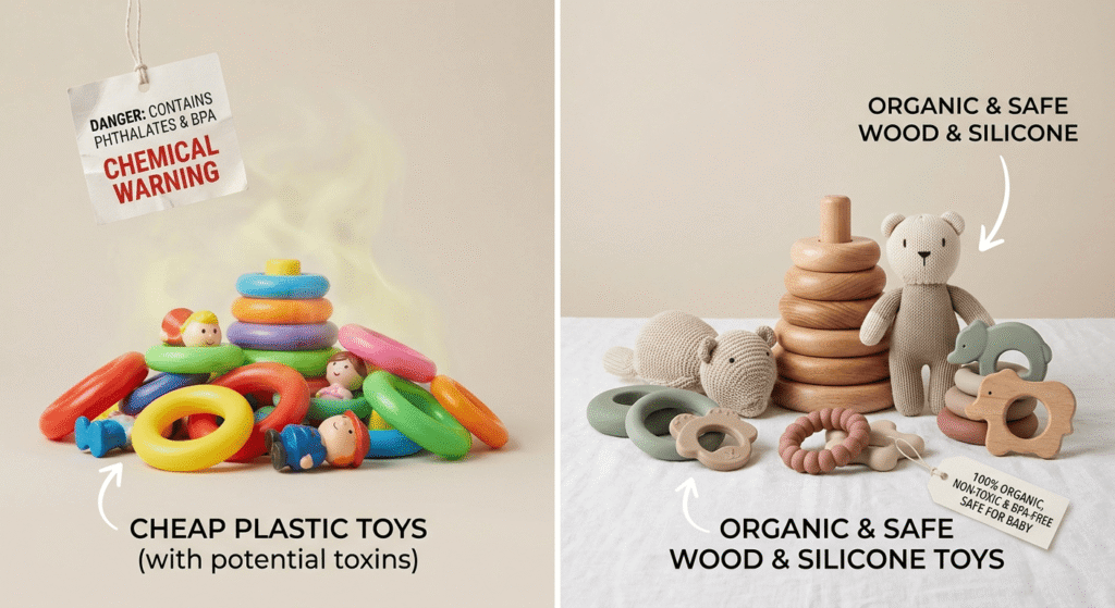 Comparison between cheap synthetic toys and safe non-toxic organic toys