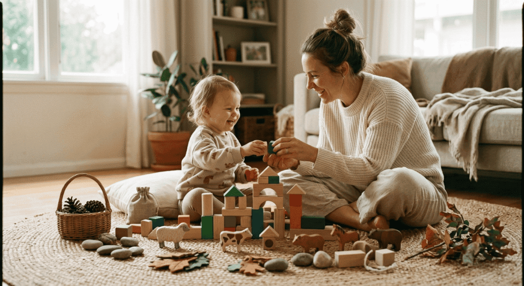 Parent and toddler building structures together using wooden blocks and toy figures.