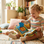 Happy toddler lifting a flap on an interactive storybook in a cozy room.Interactive Storybooks for Toddlers