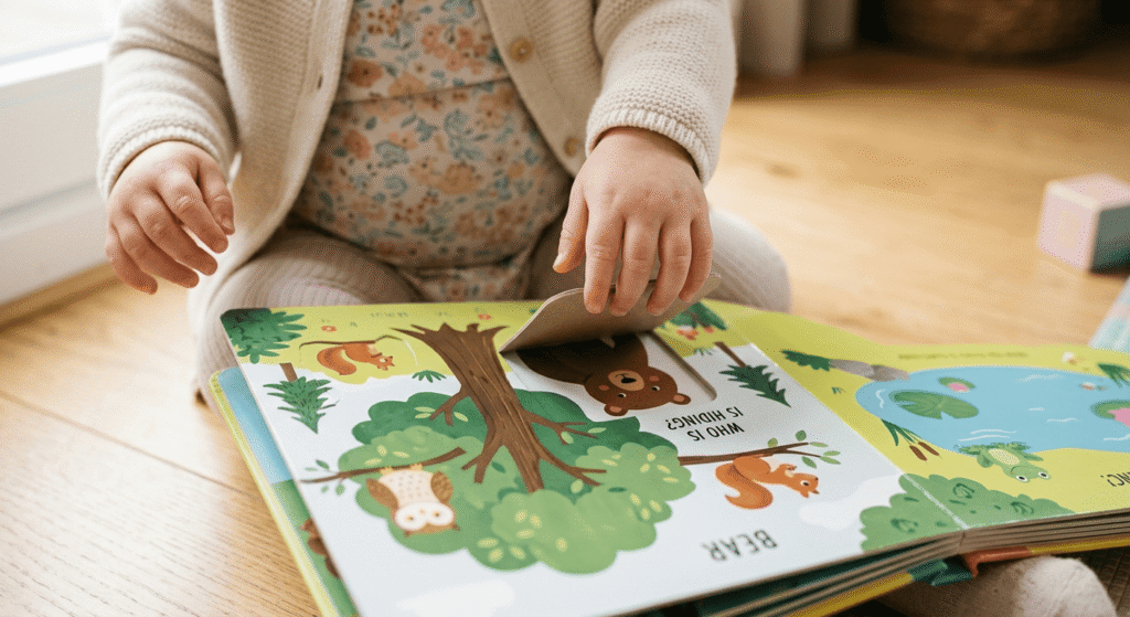 Close up of an 18 month old toddler exploring a flap picture book for early speech skills.