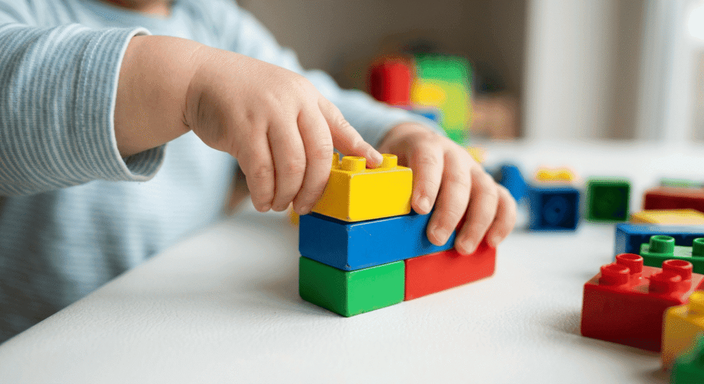 Close up of toddler hands connecting large plastic interlocking building blocks.