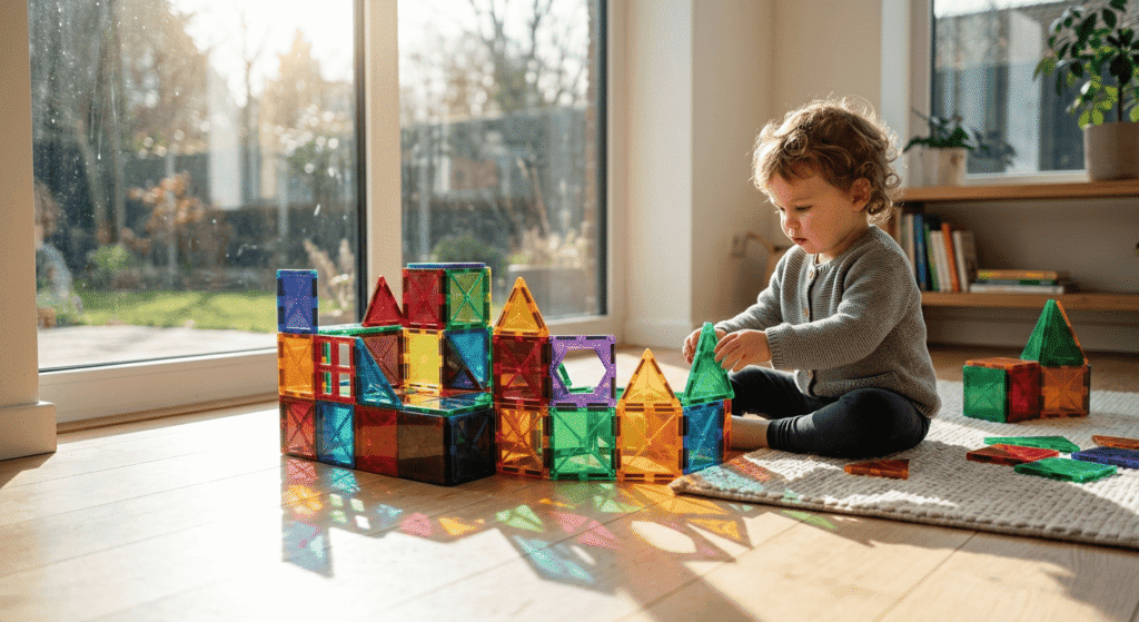 Translucent magnetic building tiles casting colorful shadows during toddler imaginative play.