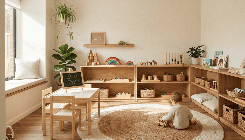 Organized minimalist Montessori playroom with natural wooden toys on shelves