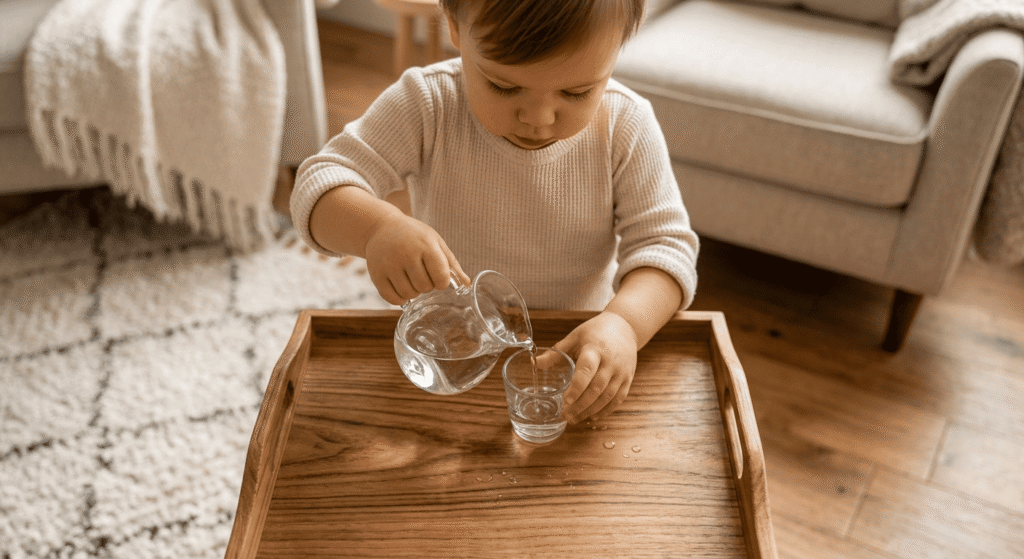 Child practicing pouring water from a small pitcher into a glass.