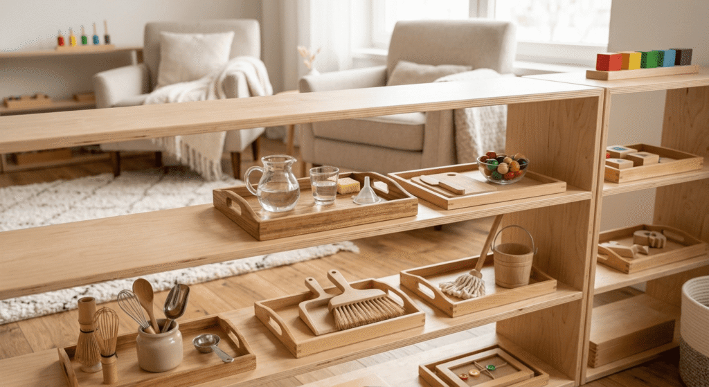 Organized Montessori low shelves featuring practical life activities.