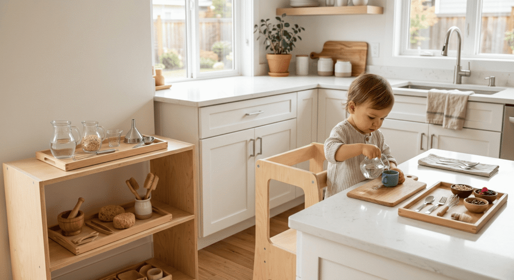 Montessori practical life tools arranged in a home kitchen setting.