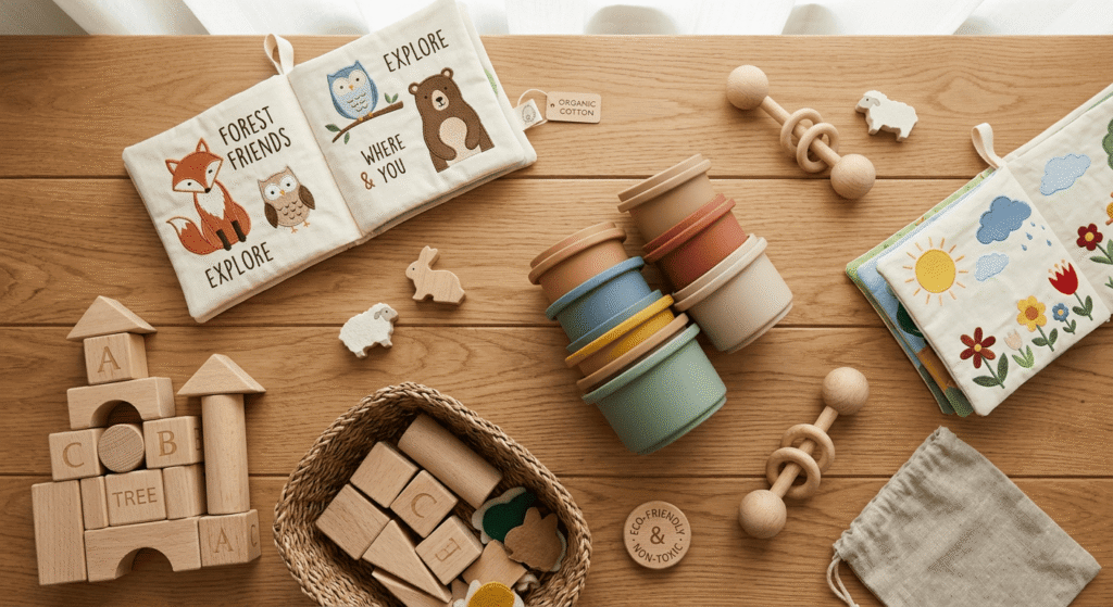 Flat lay of non-toxic educational toys including silicone cups and wooden blocks