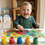 Happy toddler finger painting with safe non-toxic washable paints at a table.Art and Craft Kits for Toddlers