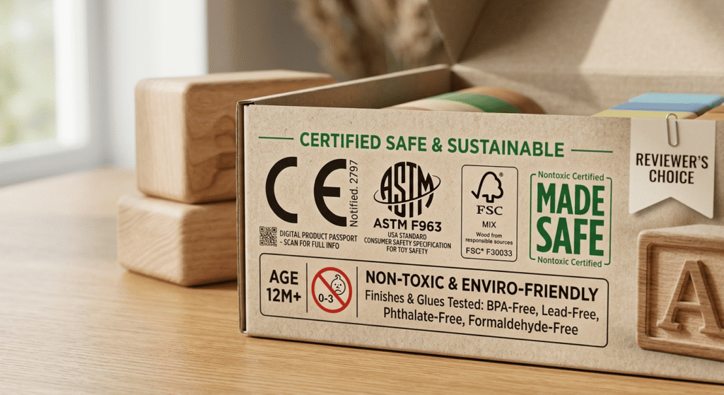 Close-up of safety certification labels and non-toxic seals on toy packaging
