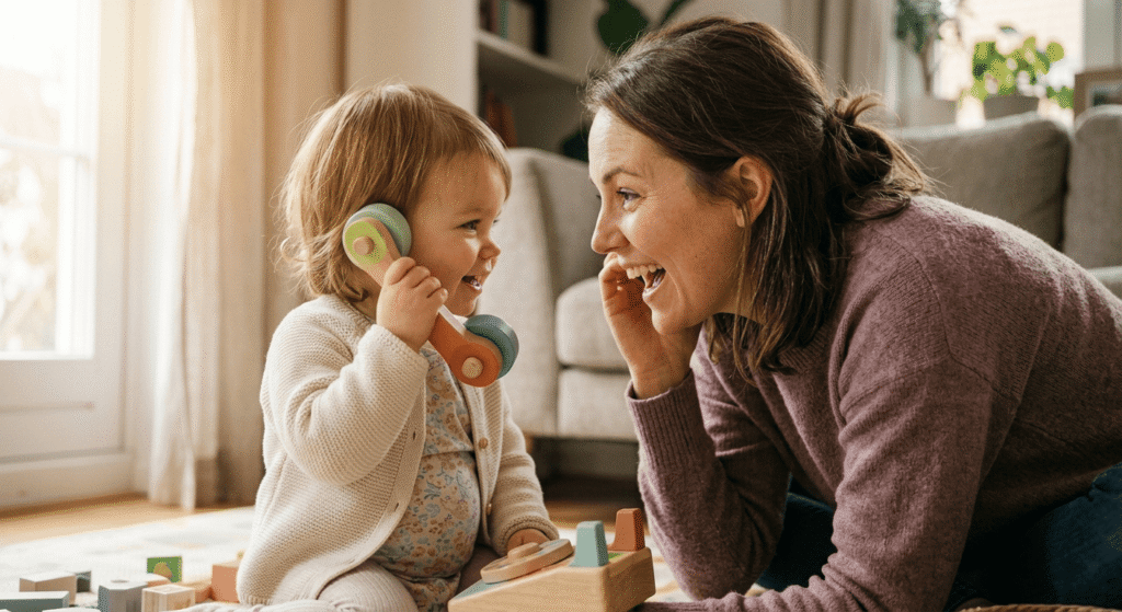 Mother talking face to face with her toddler using a pretend toy phone to encourage speech.